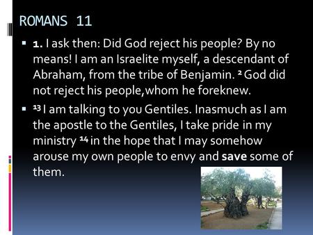 ROMANS 11  1. I ask then: Did God reject his people? By no means! I am an Israelite myself, a descendant of Abraham, from the tribe of Benjamin. 2 God.