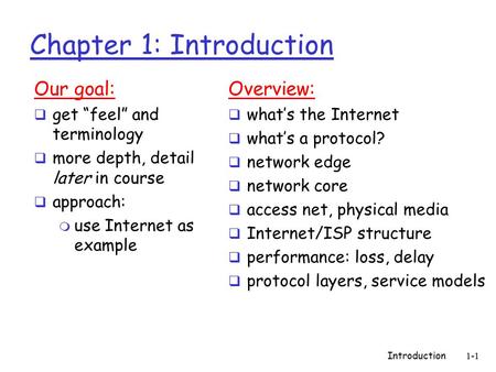 Introduction1-1 Chapter 1: Introduction Our goal:  get “feel” and terminology  more depth, detail later in course  approach: m use Internet as example.