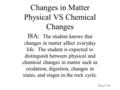 Changes in Matter Physical VS Chemical Changes I8A: The student knows that changes in matter affect everyday life. The student is expected to distinguish.